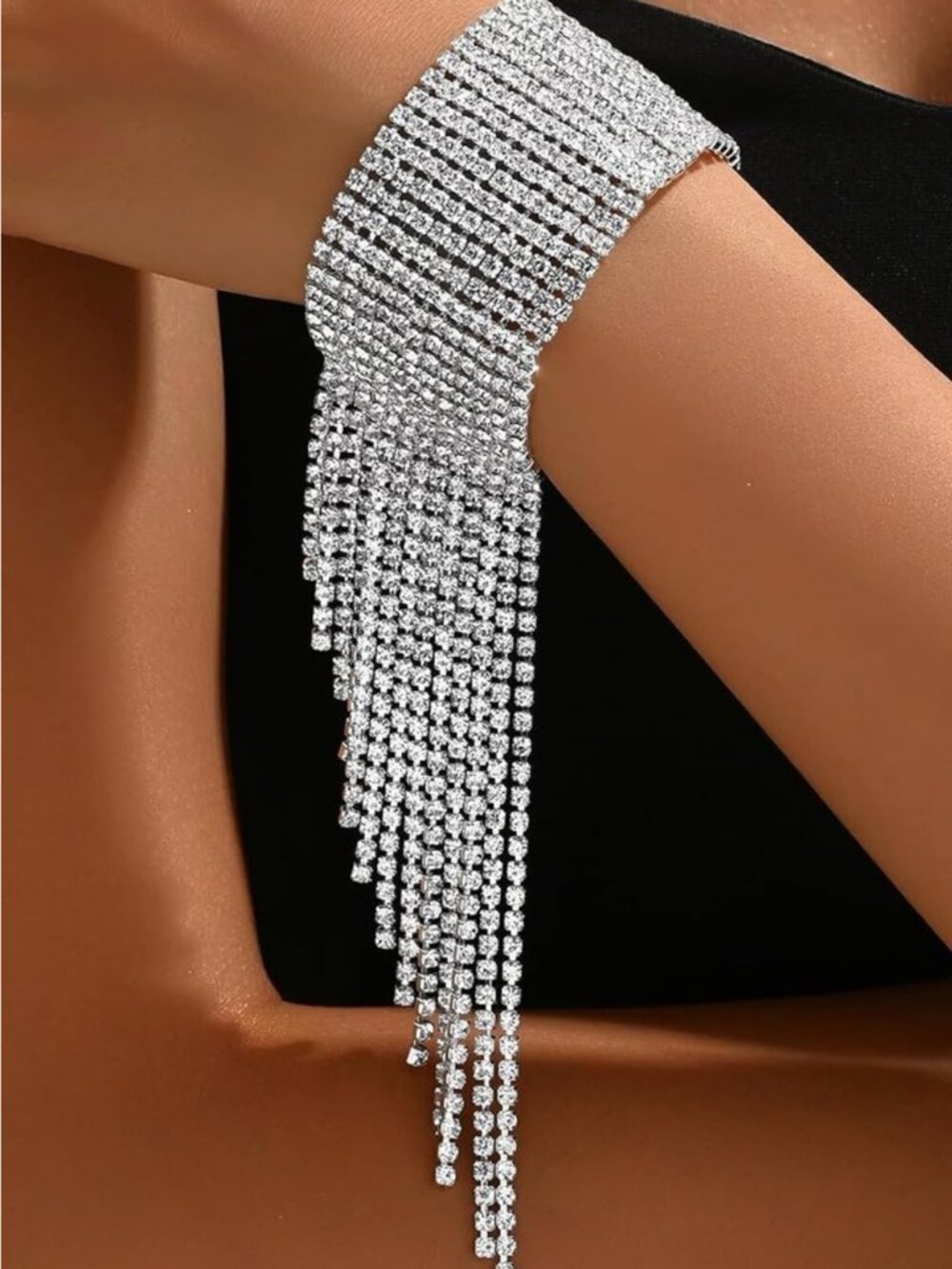 Luxury Crystal Rhinestone Cuff Bracelet Cascading Fringe Silver Jewelry